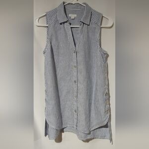 J Jill 100% Linen Blue & White Stripe Blouse
